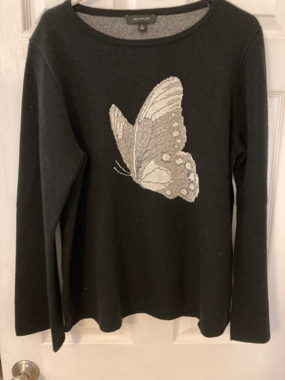 Ann Taylor Black Long-Sleeve Sweater with Silver Butterfly